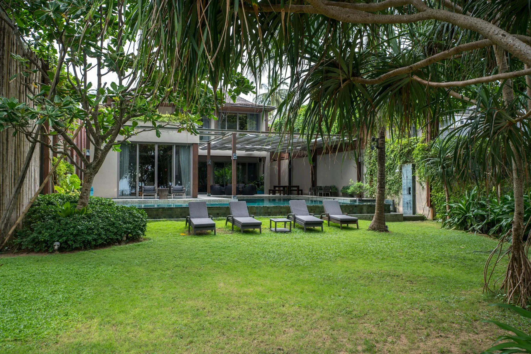 A lush lawn and pool in front of a contemporary home